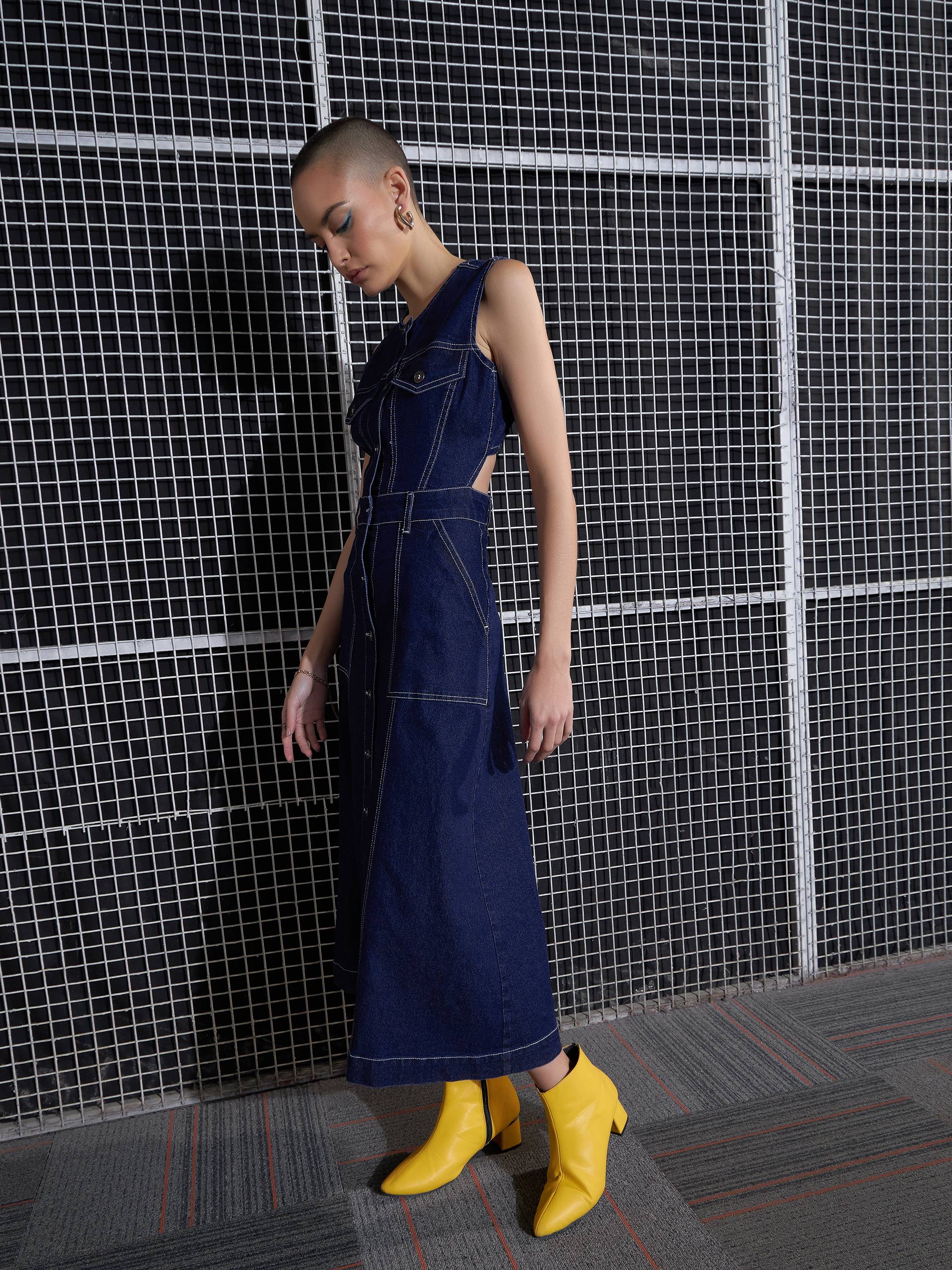 Women Navy Blue Waist Cut-Out Midi Dress-SFDRSS12044