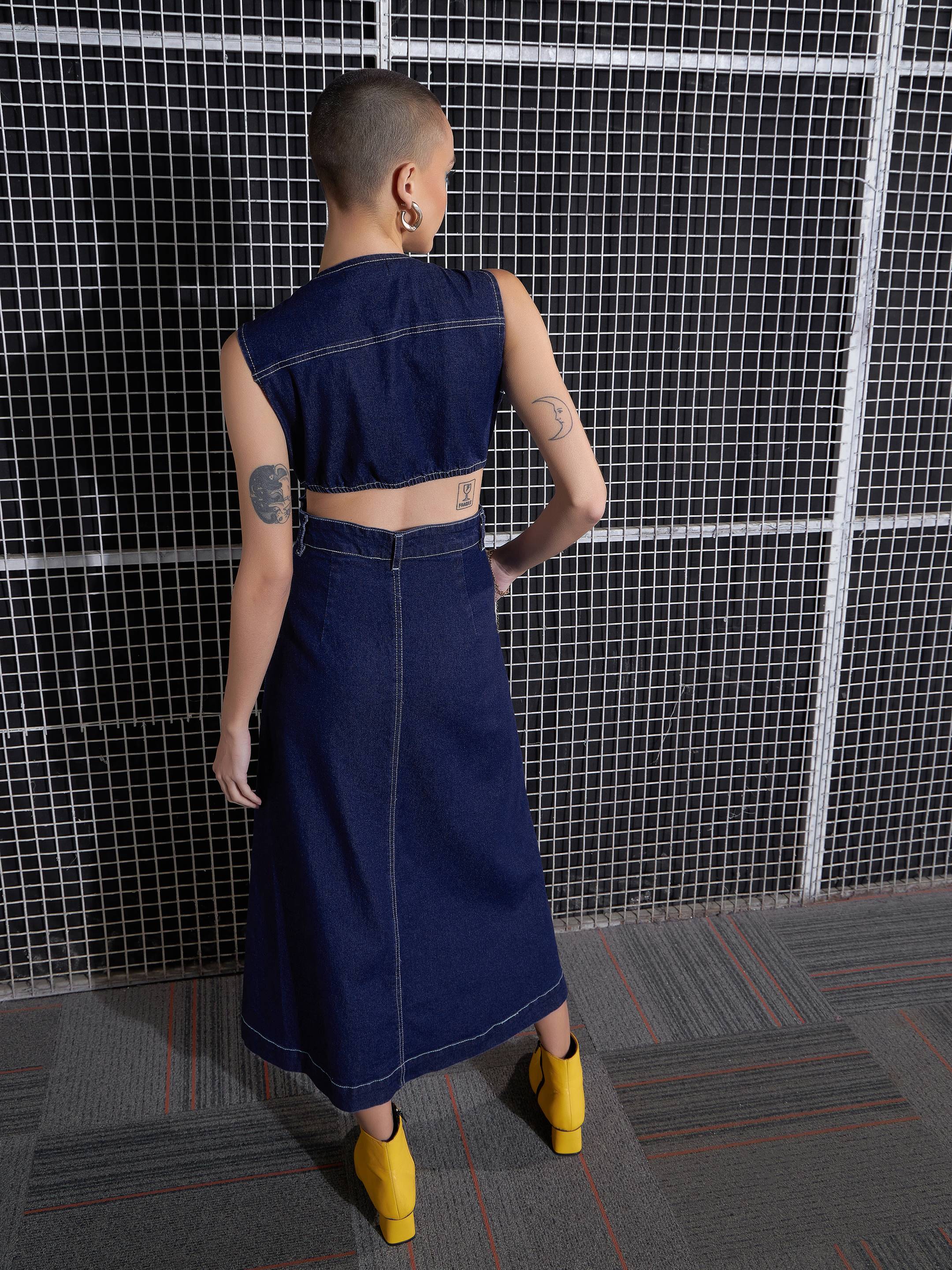 Women Navy Blue Waist Cut-Out Midi Dress-SFDRSS12044