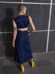 Women Navy Blue Waist Cut-Out Midi Dress-SFDRSS12044