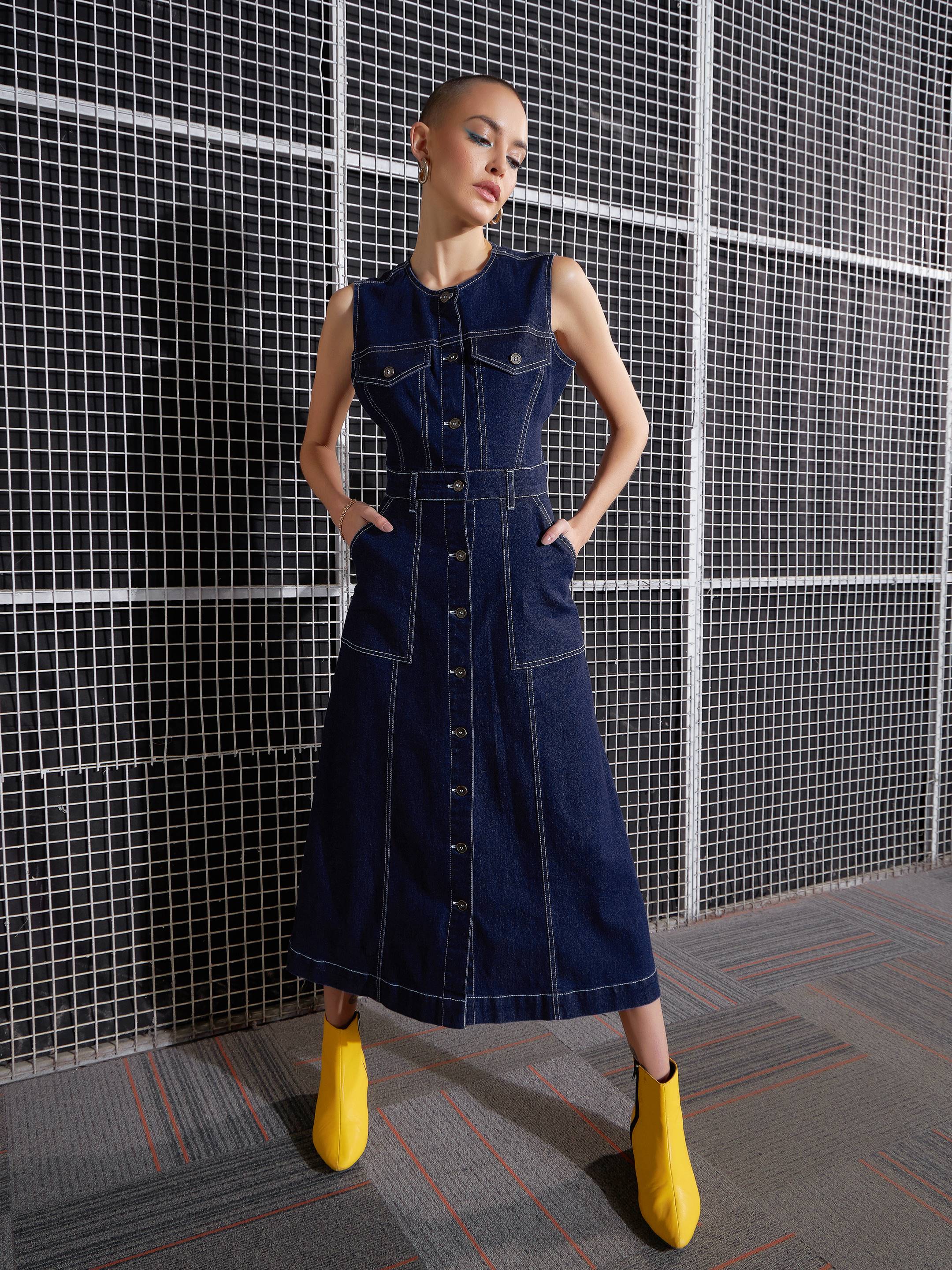 Women Navy Blue Waist Cut-Out Midi Dress-SFDRSS12044