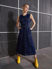 Women Navy Blue Waist Cut-Out Midi Dress-SFDRSS12044