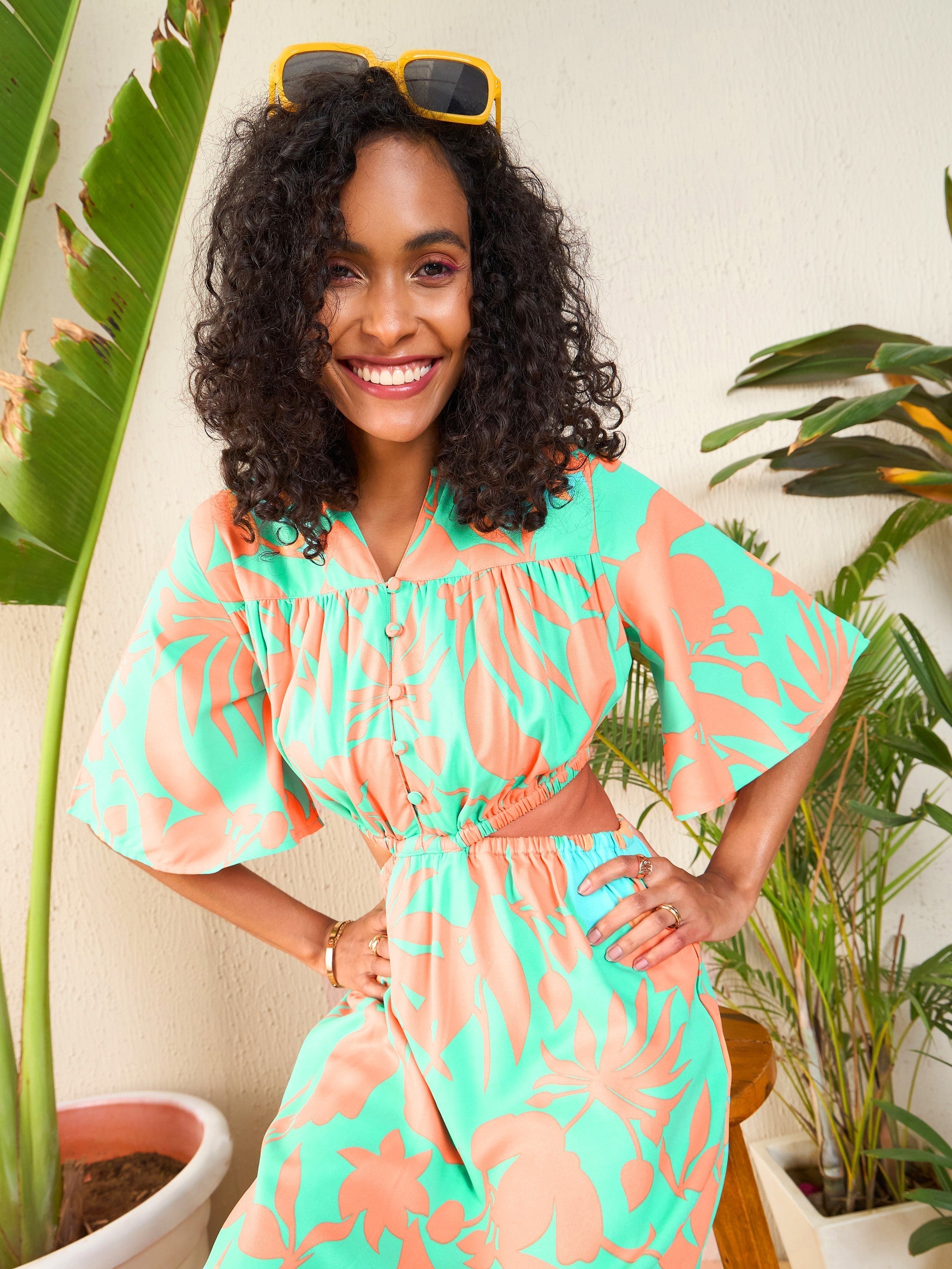 Women Peach Floral Side Cut-Out Midi Dress-SFDRSS12084