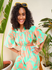 Women Peach Floral Side Cut-Out Midi Dress-SFDRSS12084