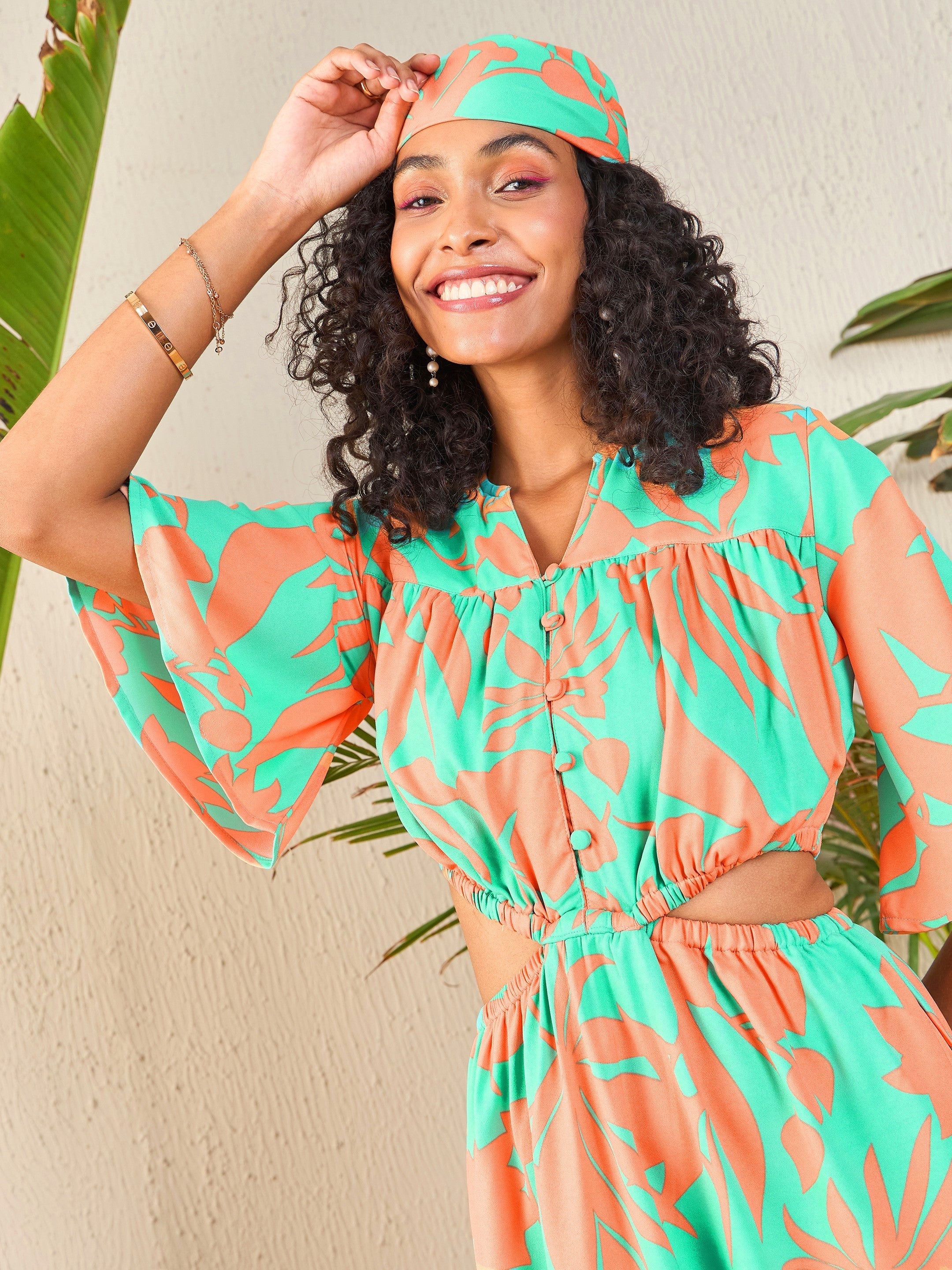 Women Peach Floral Side Cut-Out Midi Dress-SFDRSS12084