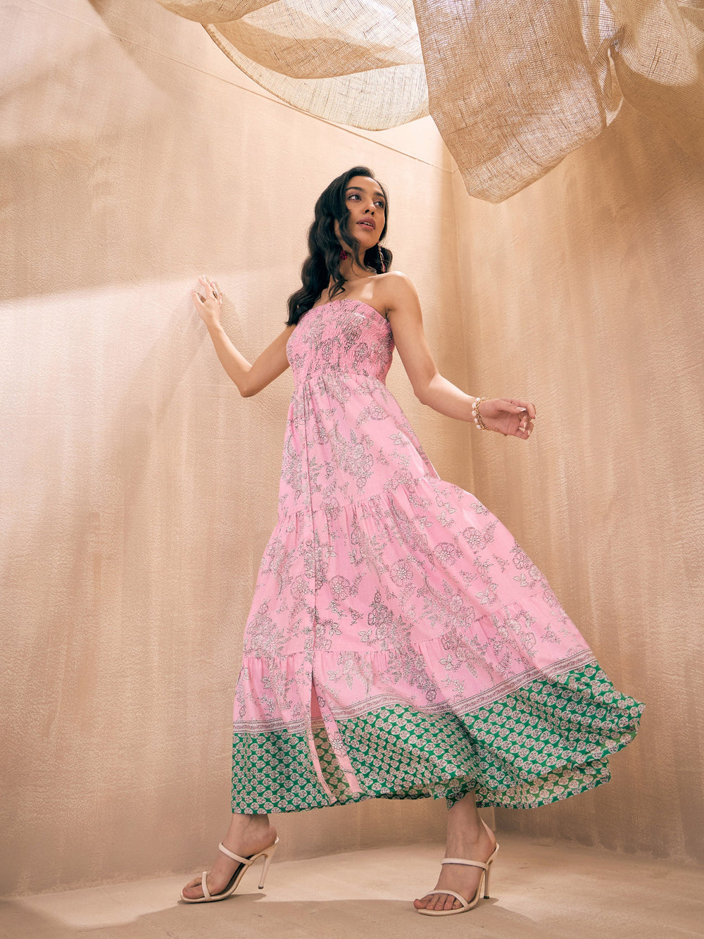 Pink Floral Tube Maxi Dress - Cotton Indian Dresses Online