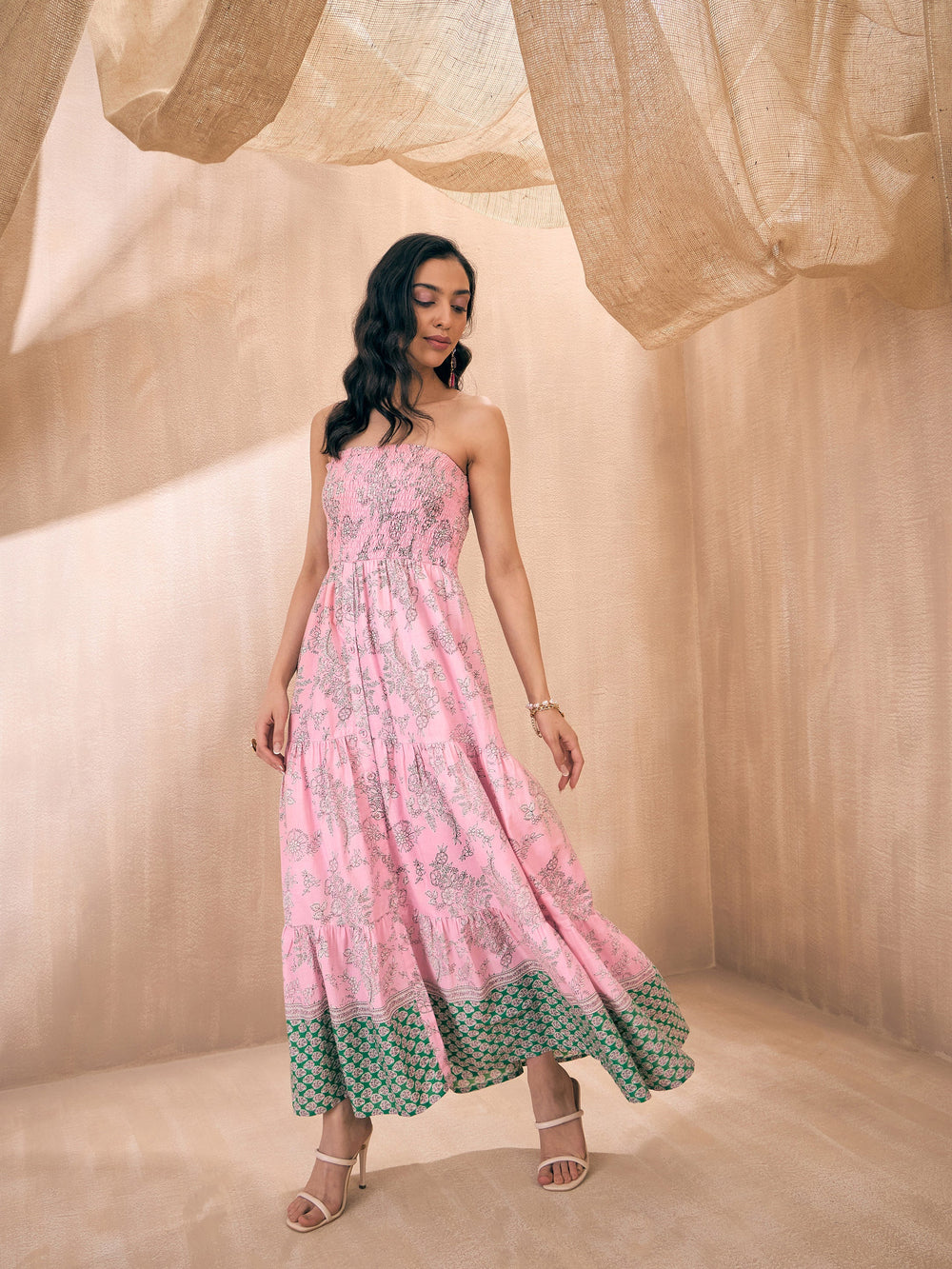 Pink Floral Tube Maxi Dress - Cotton Indian Dresses Online