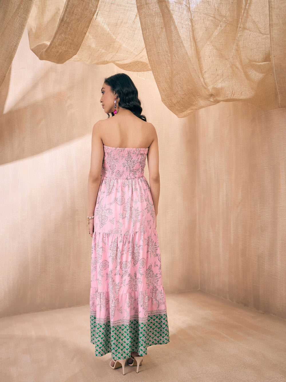 Pink Floral Tube Maxi Dress - Cotton Indian Dresses Online