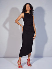 Women Black Rib Boat Neck Midi Dress-SFDRSS12344