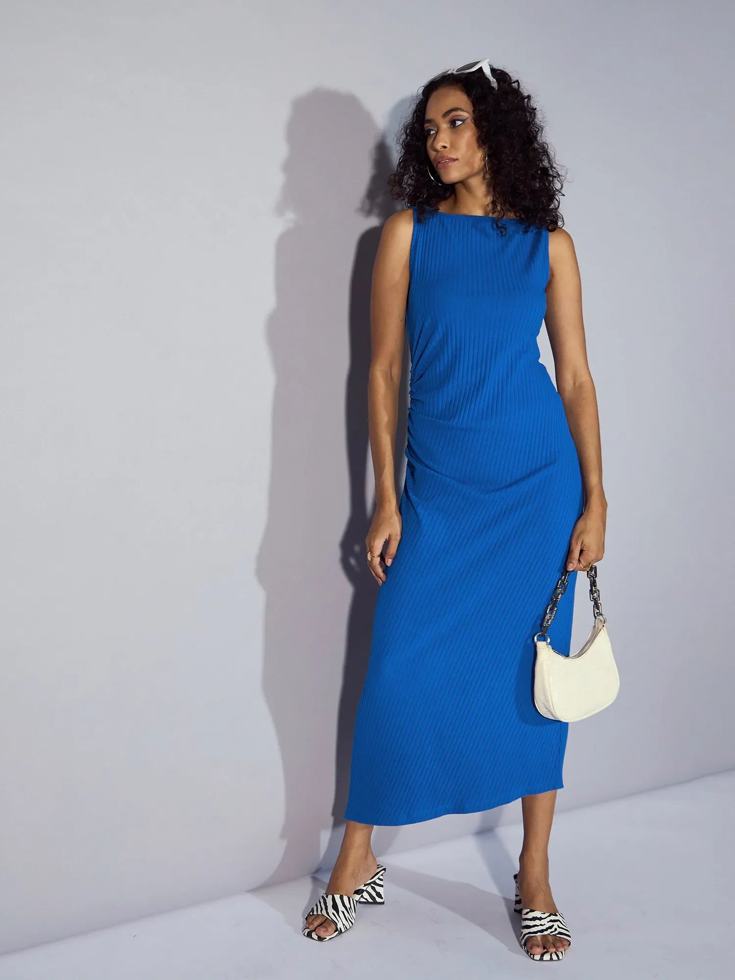 Royal Blue Ribbed Midi Dress | Women's Casual Cotton Dress