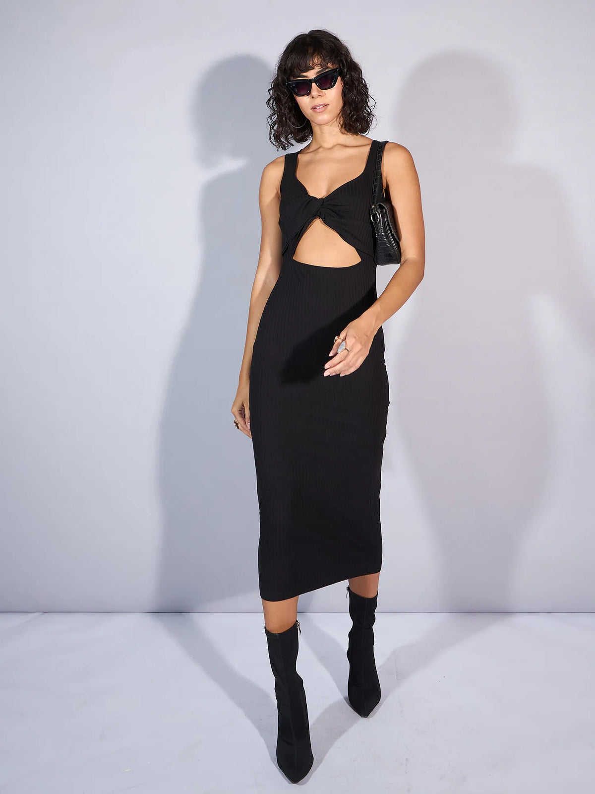 Women Black Rib Front Twist Cut-Out Midi Dress-SFDRSS12346