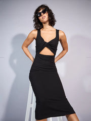 Women Black Rib Front Twist Cut-Out Midi Dress-SFDRSS12346