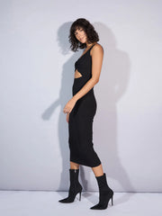 Women Black Rib Front Twist Cut-Out Midi Dress-SFDRSS12346