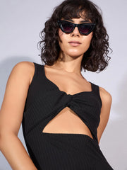Women Black Rib Front Twist Cut-Out Midi Dress-SFDRSS12346