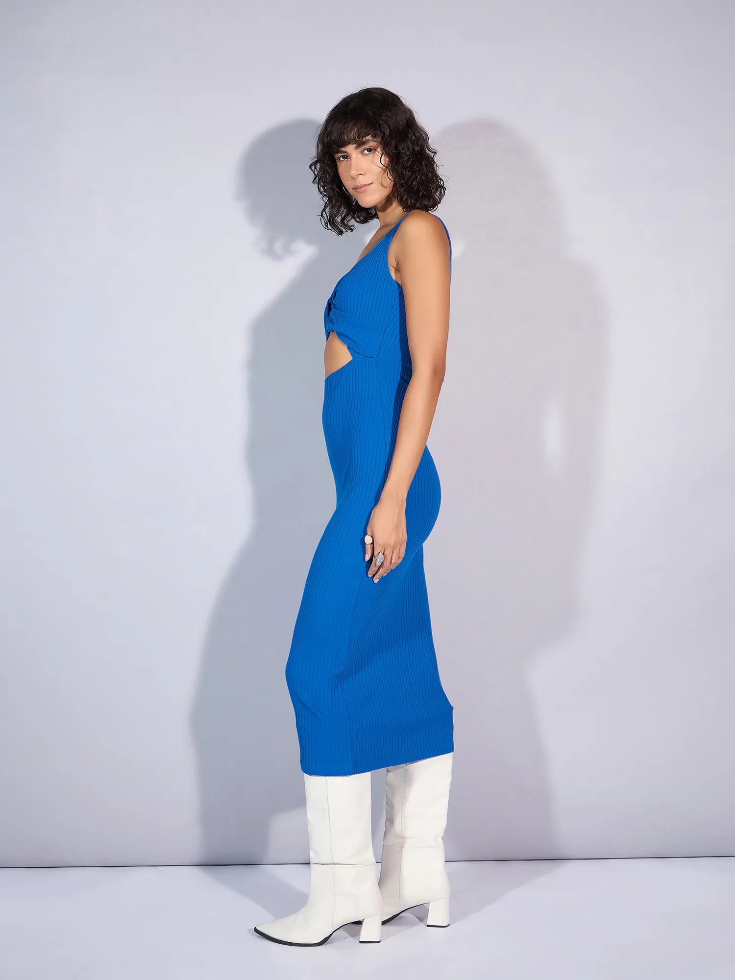 Royal Blue Ribbed Midi Dress - Women's Designer Lehenga Altern...