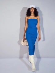 Women Royal Blue Rib Tube Midi Dress-SFDRSS12349