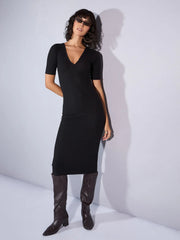 Women Black Rib V Neck Midi Dress-SFDRSS12352