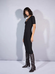 Women Black Rib V Neck Midi Dress-SFDRSS12352