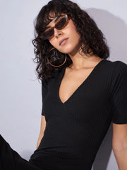 Women Black Rib V Neck Midi Dress-SFDRSS12352