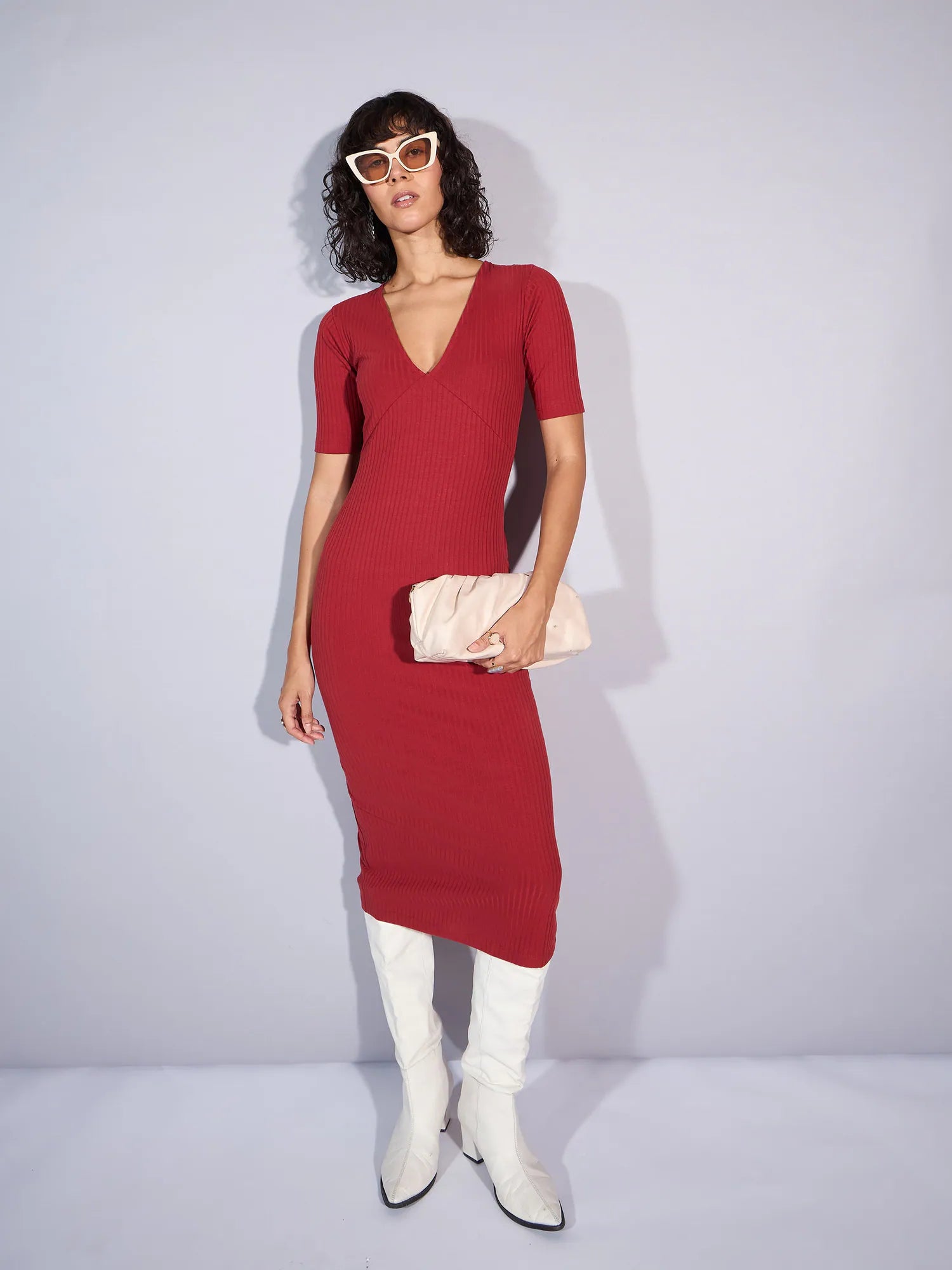 Rust Rib V Neck Midi Dress | Women's Festive Lehenga Vibe