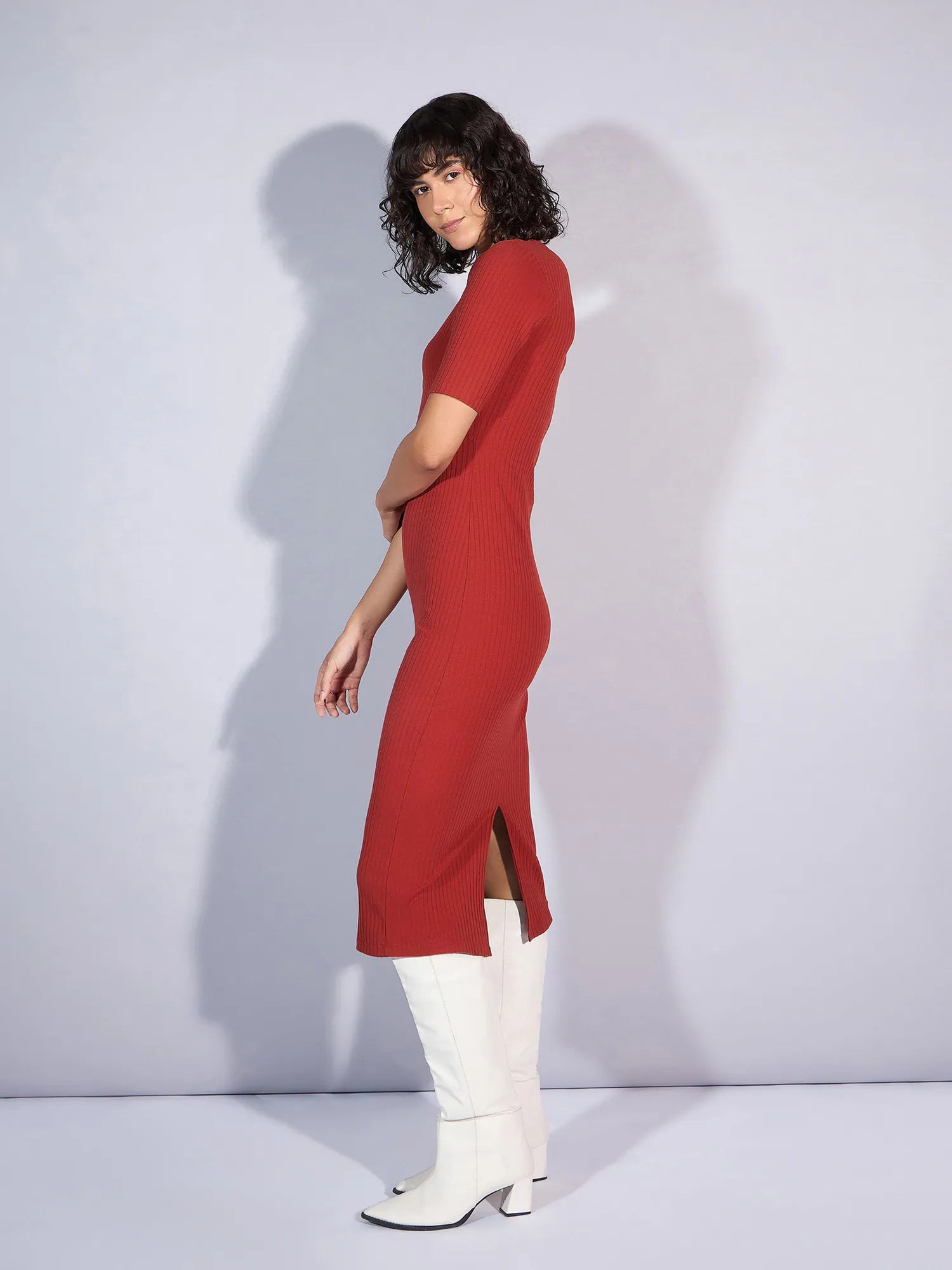 Rust Rib V Neck Midi Dress | Women's Festive Lehenga Vibe