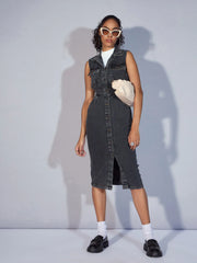 Women Black Denim V-Neck Midi Dress-SFDRSS12354