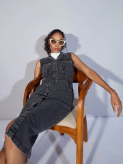 Women Black Denim V-Neck Midi Dress-SFDRSS12354