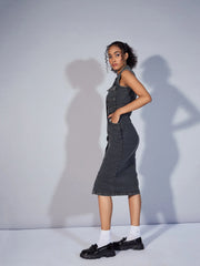 Women Black Denim V-Neck Midi Dress-SFDRSS12354