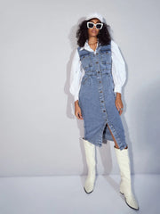 Women Blue Denim V-Neck Midi Dress-SFDRSS12355