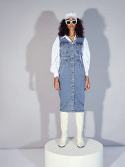 Women Blue Denim V-Neck Midi Dress-SFDRSS12355