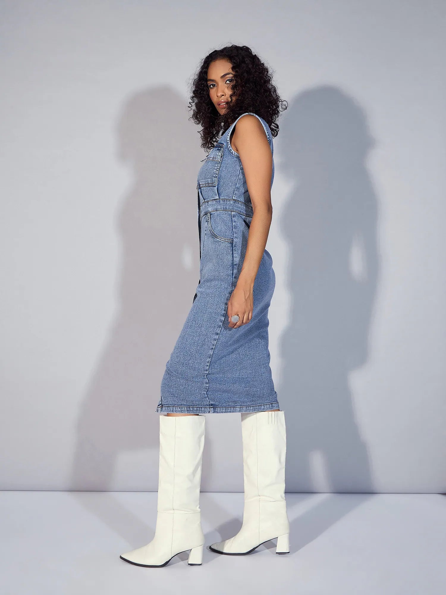 Blue Denim V-Neck Midi Dress | Western Outfits for Women