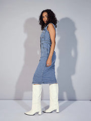 Women Blue Denim V-Neck Midi Dress-SFDRSS12355