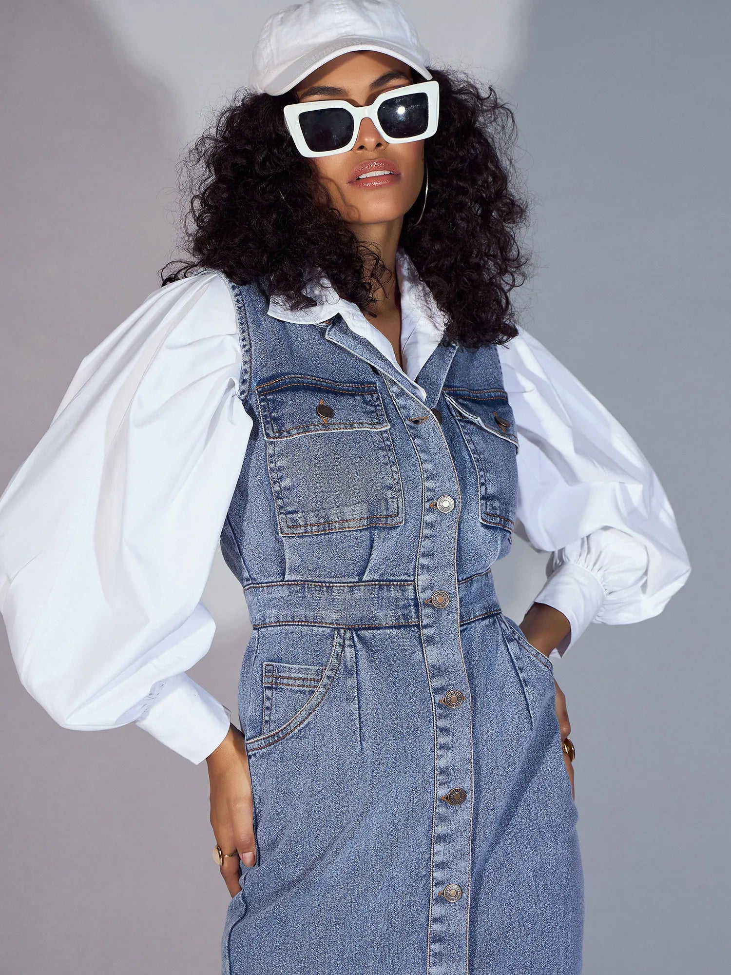 Blue Denim V-Neck Midi Dress | Western Outfits for Women