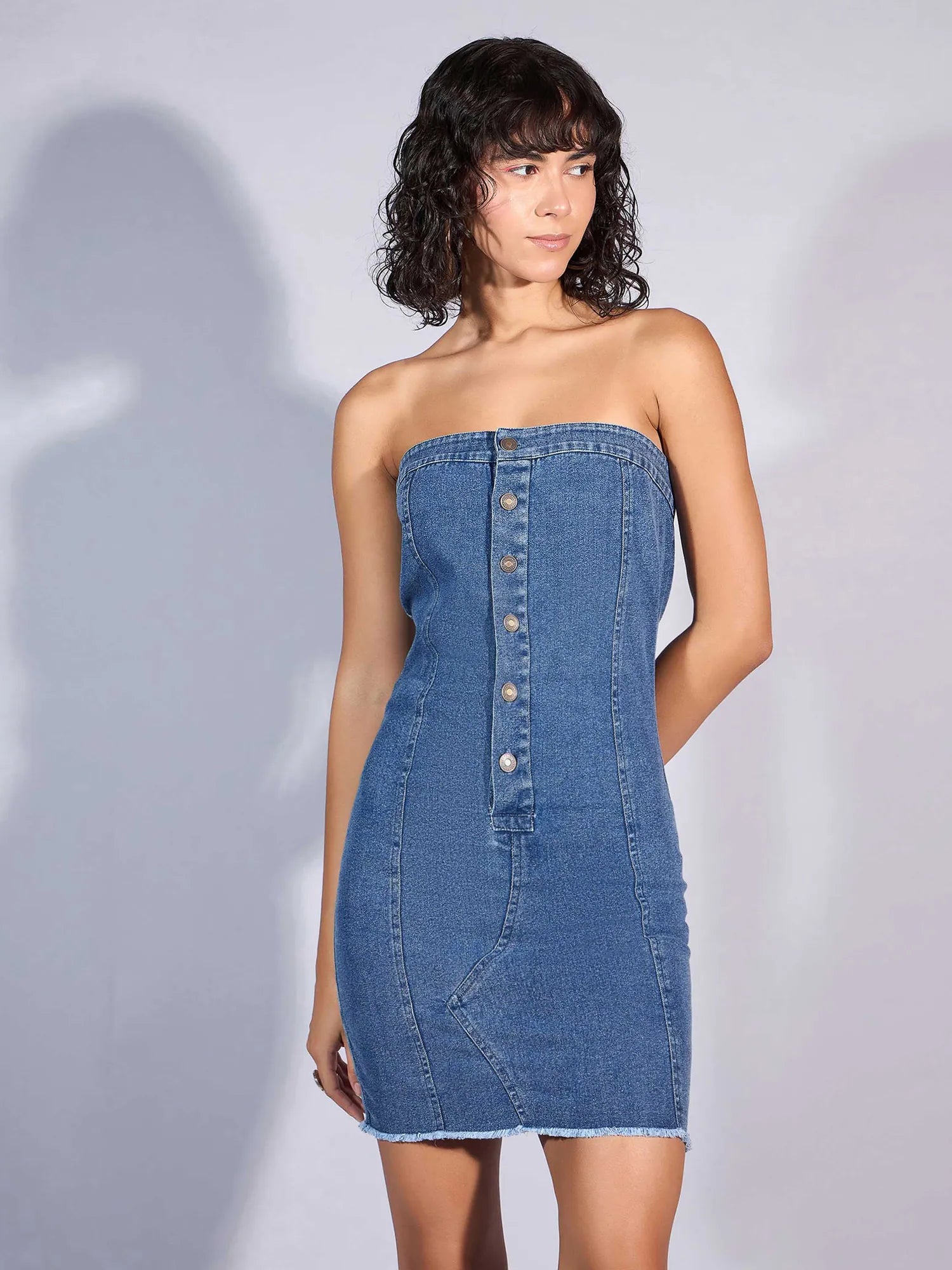 Women's Blue Denim Tube Mini Dress | Casual Lehenga Look