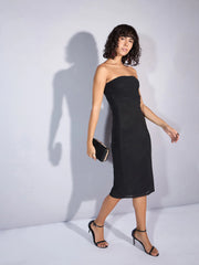 Women Black Mesh Tube Midi Dress-SFDRSS12359