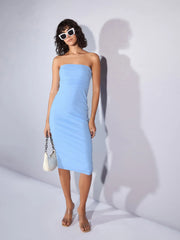 Women Blue Mesh Tube Midi Dress-SFDRSS12360
