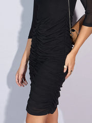 Women Black Mesh Ruched Midi Dress-SFDRSS12364