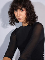 Women Black Mesh Ruched Midi Dress-SFDRSS12364