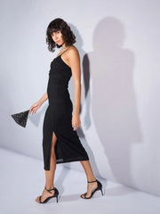 Women Black Mesh Strappy Midi Dress-SFDRSS12366