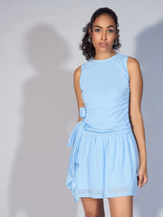 Women Blue Mesh Tiered Short Dress-SFDRSS12369