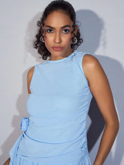 Women Blue Mesh Tiered Short Dress-SFDRSS12369