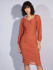 Women Rust Mesh Full Sleeve Ruched Midi Dress-SFDRSS12370