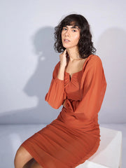 Women Rust Mesh Full Sleeve Ruched Midi Dress-SFDRSS12370