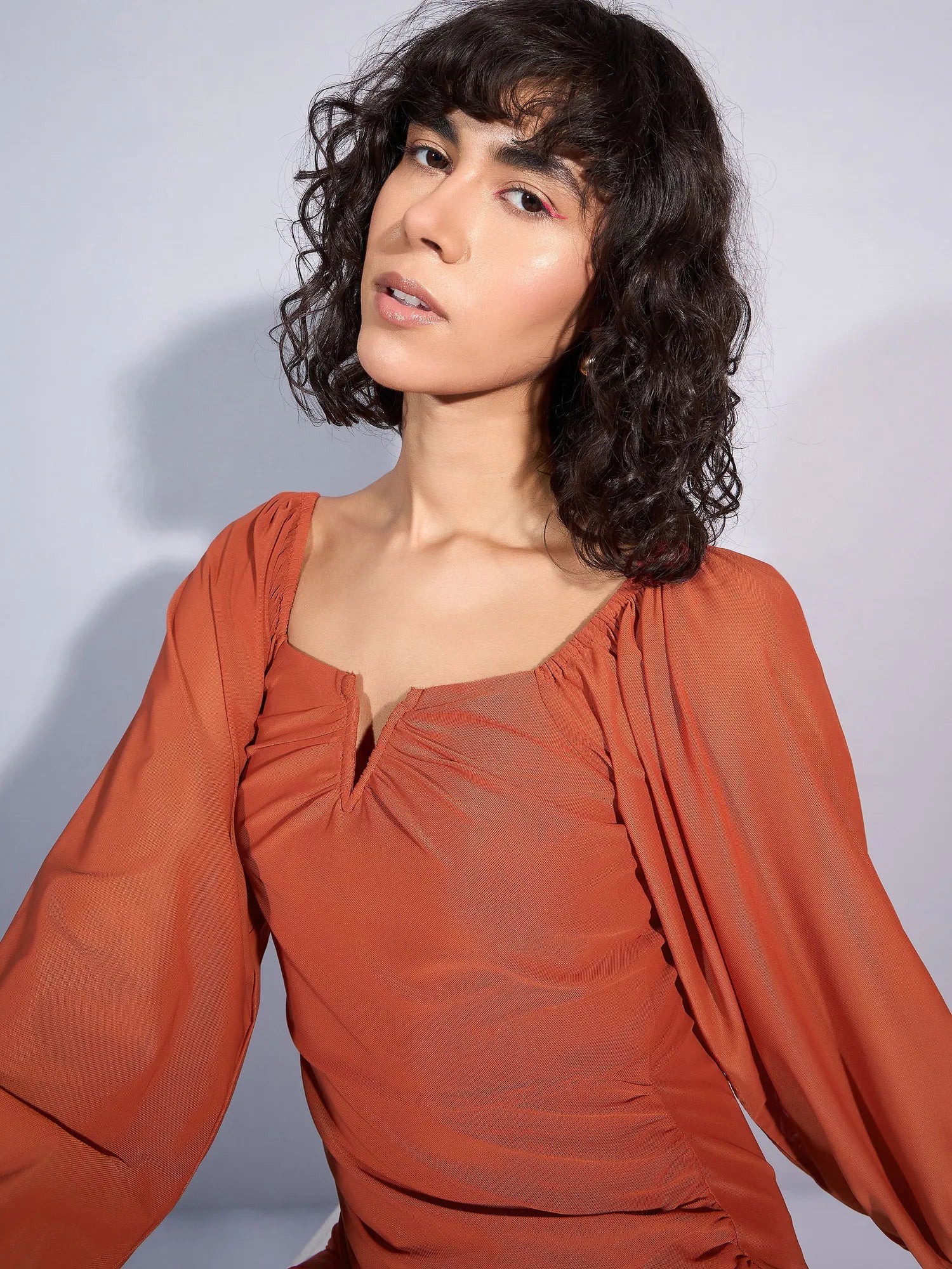 Rust Mesh Ruched Midi Dress | Women's Lehenga Style