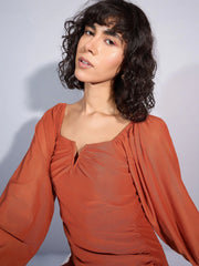 Women Rust Mesh Full Sleeve Ruched Midi Dress-SFDRSS12370