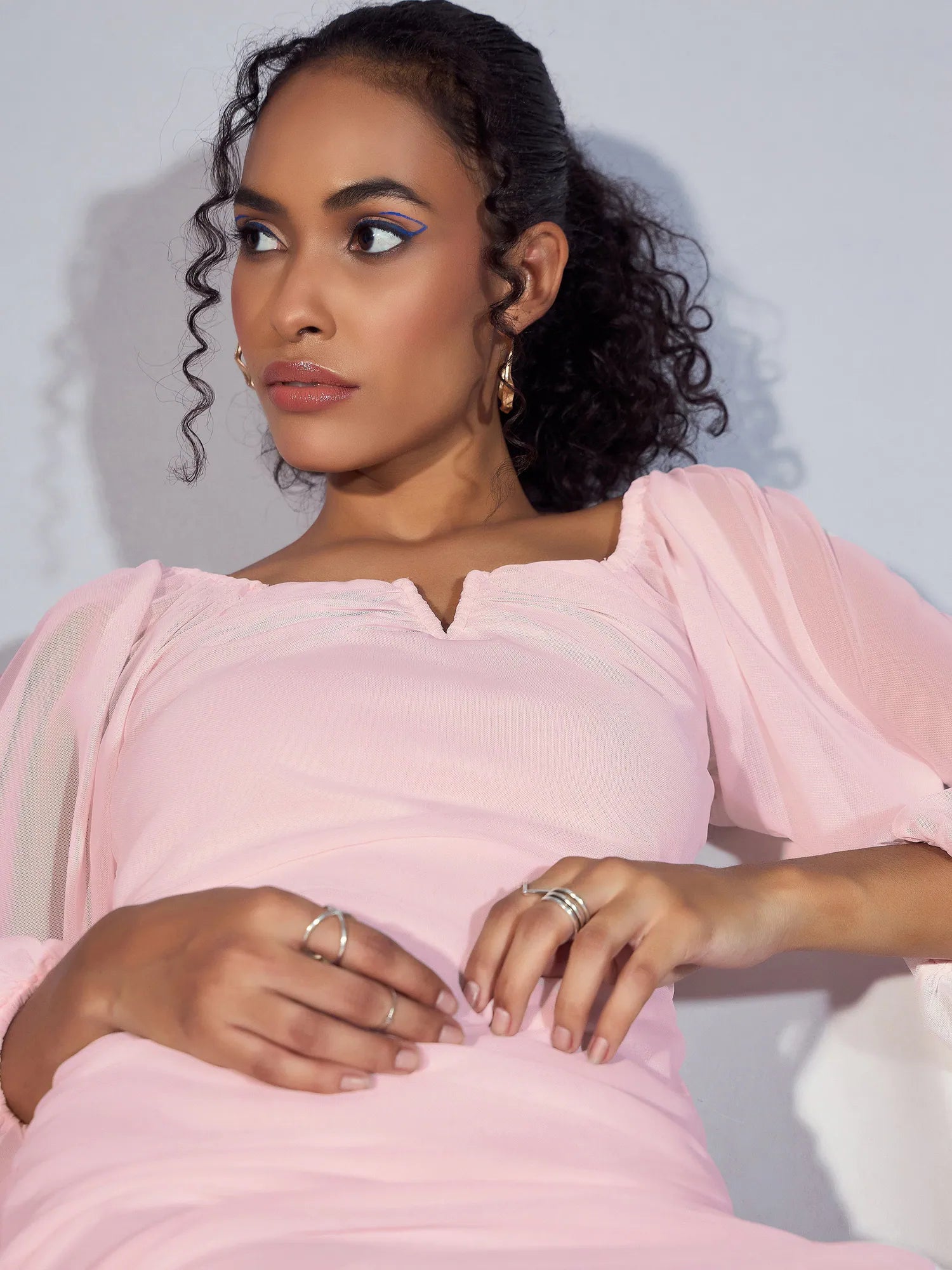 Pink Mesh Ruched Midi Dress | Women's Party Wear Lehenga Look