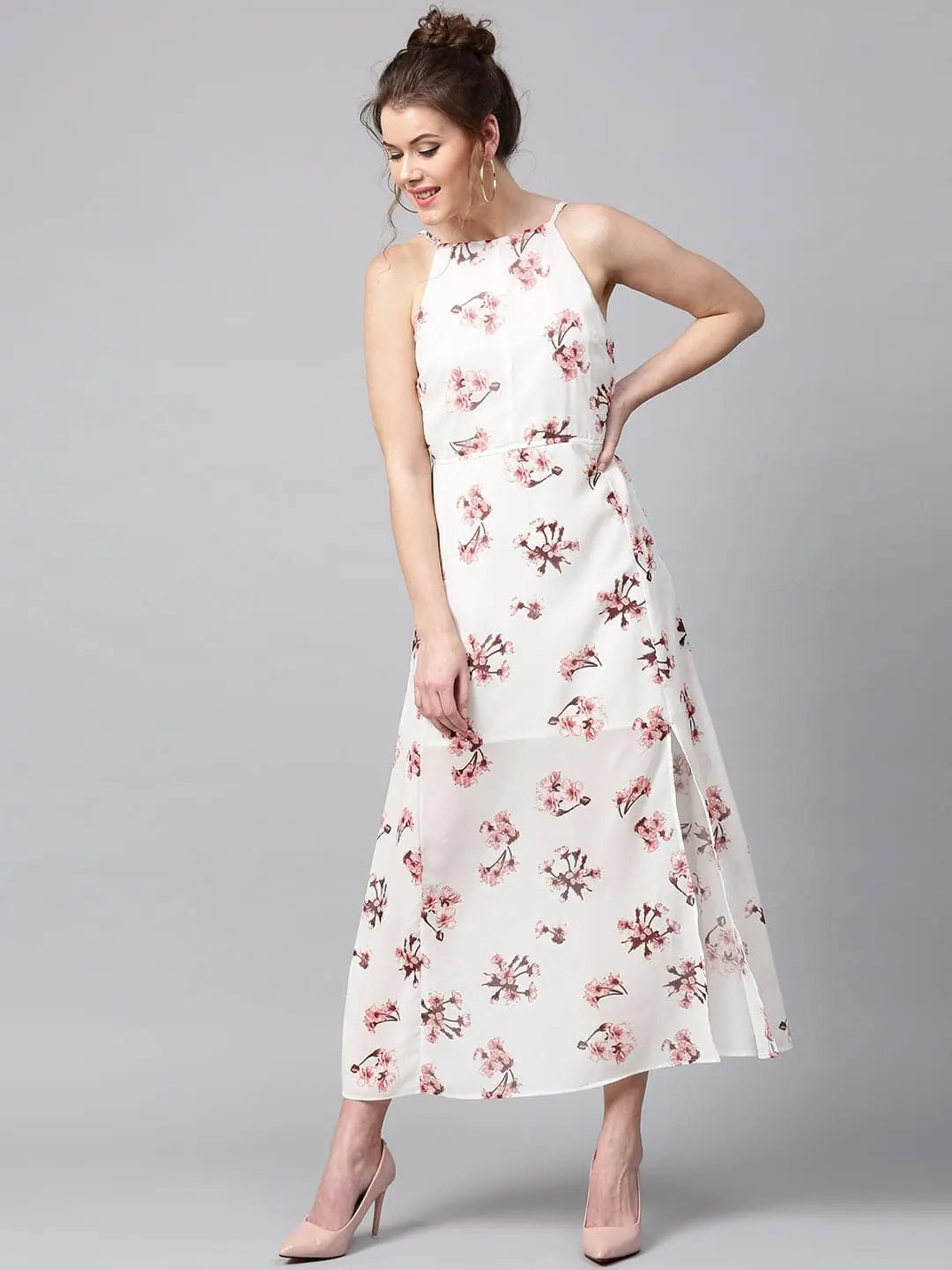 Ivory Floral Maxi Dress - Women's Ethnic Halter Style