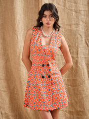 Women Orange Geo Double-Breast Sleeveless Blazer Dress-SFDRSS12372