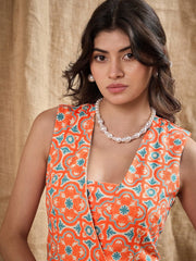 Women Orange Geo Double-Breast Sleeveless Blazer Dress-SFDRSS12372