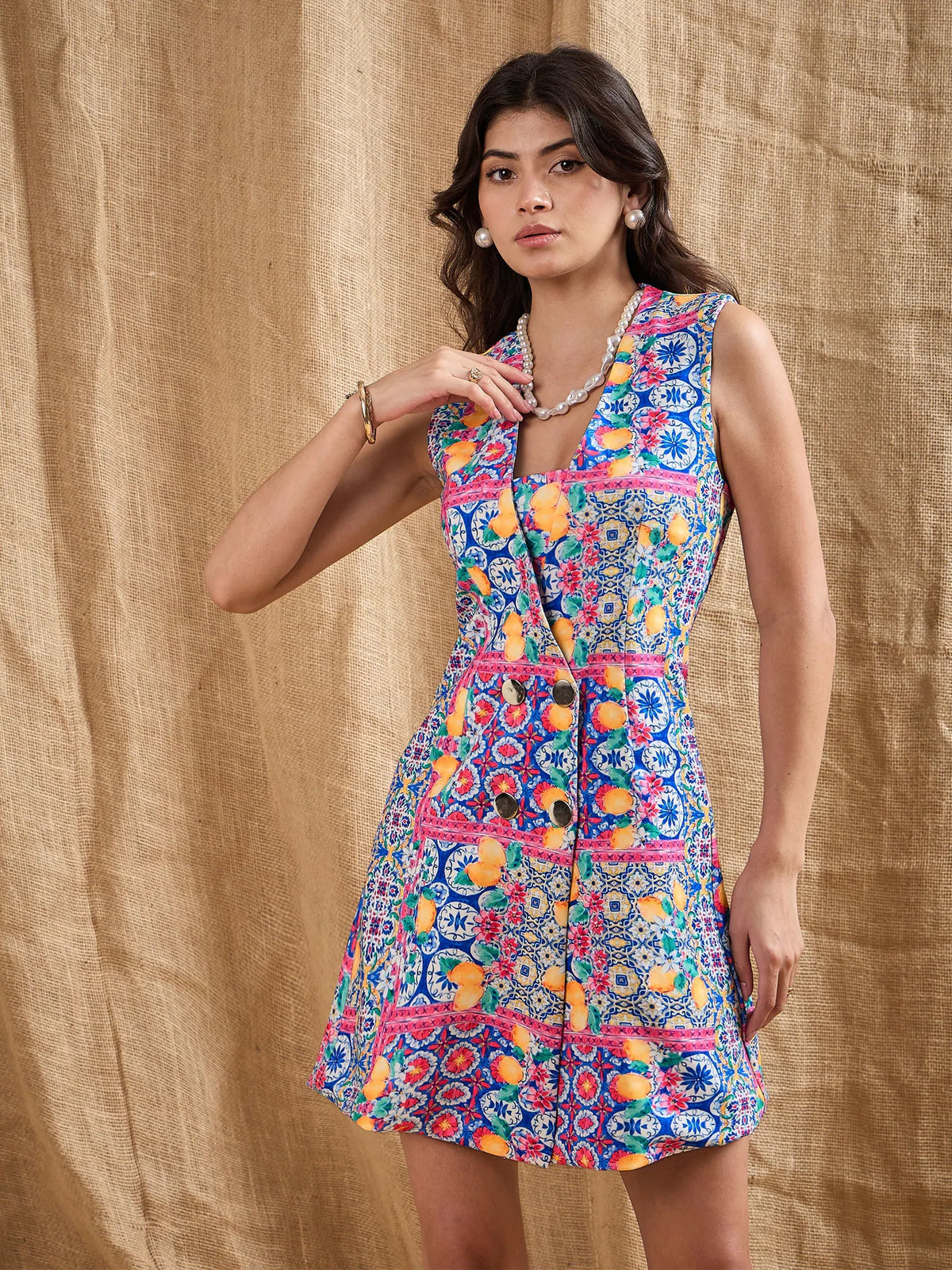 Women Blue Printed DoubleBreast Sleeveless Blazer Dress-SFDRSS12373