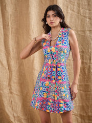 Women Blue Printed DoubleBreast Sleeveless Blazer Dress-SFDRSS12373